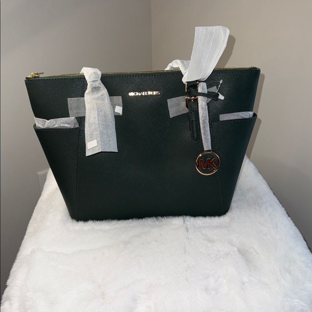 Michael Kors Charlotte Top Zip Racing Green Leather Tote